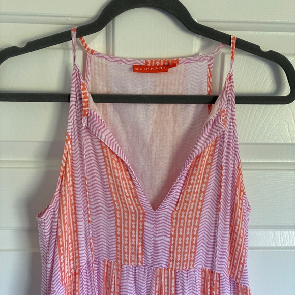 Oliphant coral pink and white block print tiered cotton tassle tie maxi dress S - Picture 5 of 13